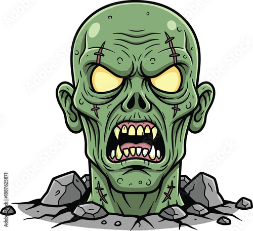 Creepy Green Zombie Head with Glowing Yellow Eyes Rising from the Ground Vector Illustration Isolated on White Background for Halloween Horror Graphic Design Projects