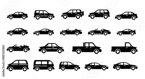 Collection of diverse car silhouettes representing various vehicle types.