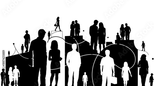 Diverse Crowd Silhouette People Standing on Abstract Shapes.