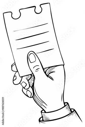 Hand holding a blank admission ticket black and white line art illustration