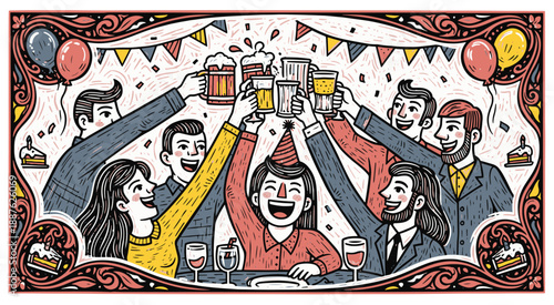 Group of Friends Celebrating with Drinks and Laughter at Party
