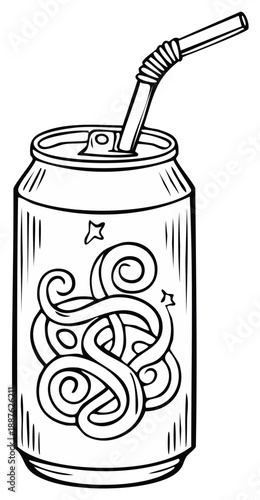Stylized Beverage Can with Swirling Design and Drinking Straw Outline Art