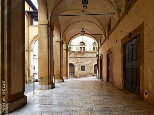 Narrow street in the old town of Bologna, Italy