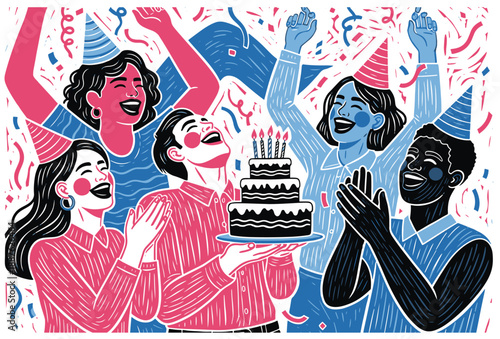 Joyful group celebrating birthday with cake and party hats