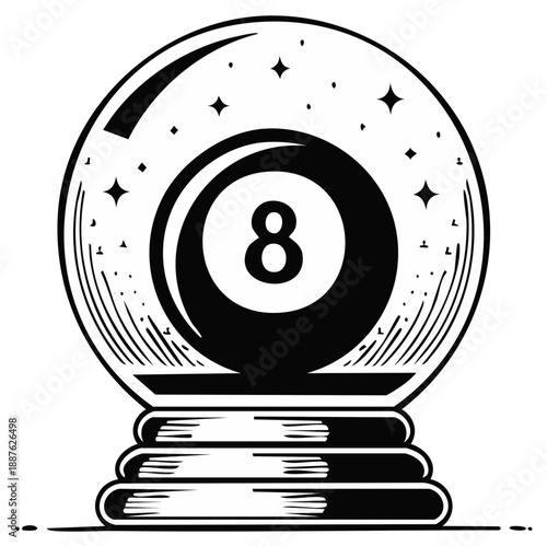 Mystical eight ball inside a vintage crystal ball with radiating stars and cosmic atmosphere