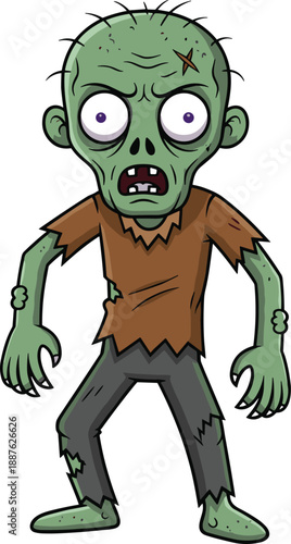 Scary green cartoon zombie illustration standing isolated on white background with tattered clothes suitable for Halloween horror designs and funny undead monster vector art.