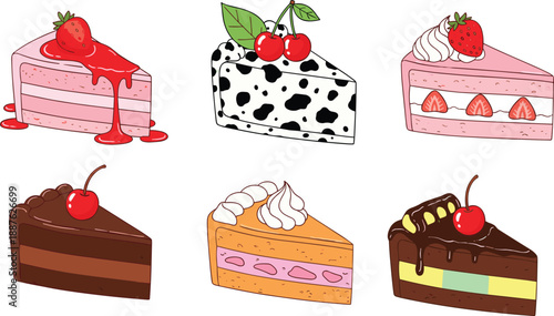 Set of six vector cartoon cake slices featuring strawberry, chocolate, and cherry flavors with dripping sauce and whipped cream toppings for sweet dessert menus.