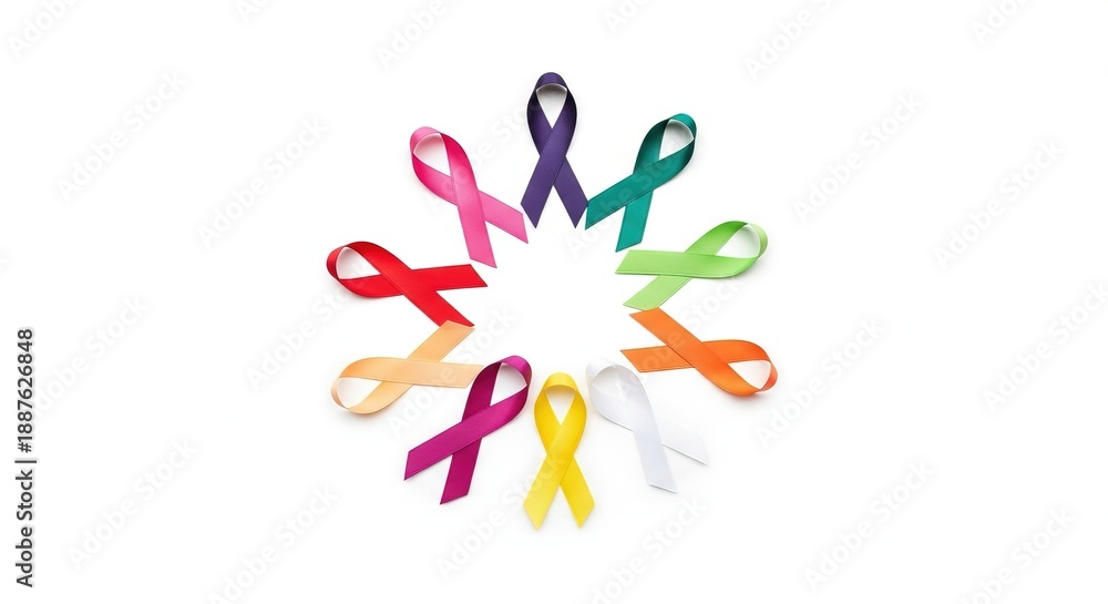 Obraz premium Colorful ribbons arranged in a circular pattern symbolizing awareness and support for various social issues