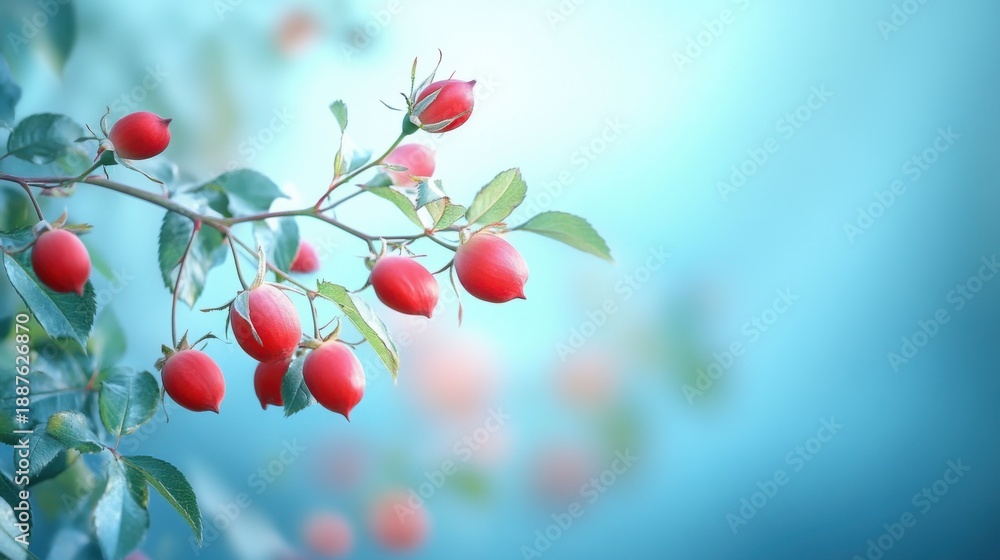 Fototapeta premium Delicate rosehip branch with vibrant red berries against ethereal blue gradient
