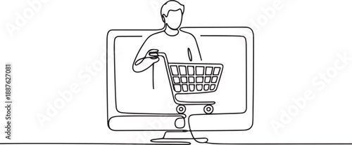 Man with Shopping Cart on Computer Monitor
