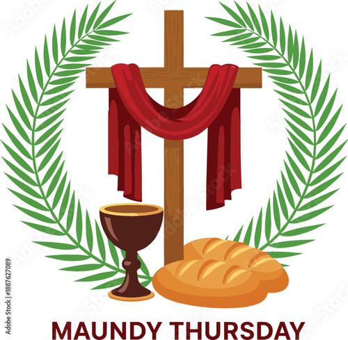 Maundy Thursday religious vector illustration with a holy wooden cross red fabric communion cup and bread loaves