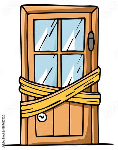 Wooden door sealed with yellow tape cartoon illustration for quarantine or closure