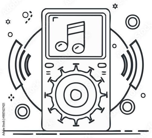 Hand drawn illustration of a vintage music player with musical notes and sound waves emanating from it