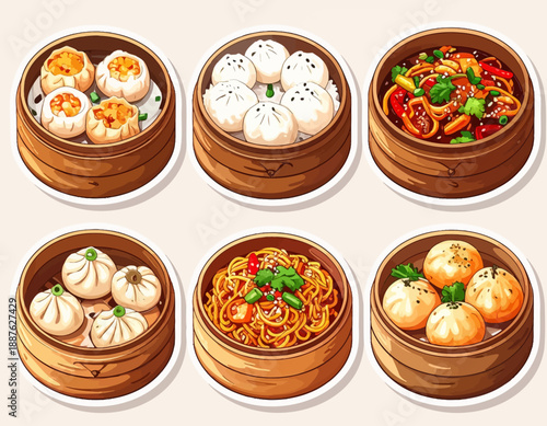 Assorted Chinese cuisine delicacies displayed in six bamboo steamers on a clean surface, close-up overhead view