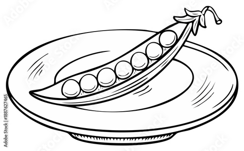Open pea pod with peas on a simple plate illustration