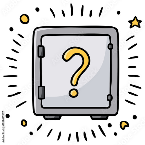 Vector Cartoon Safe Box with Yellow Question Mark Symbolizing Mystery and Secrets