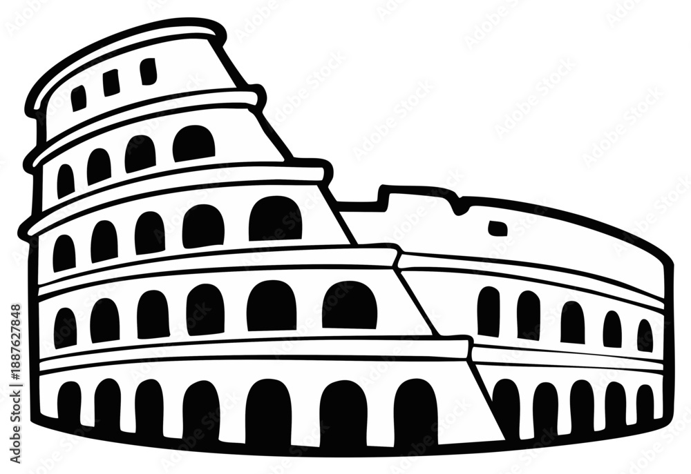 Naklejka premium Colosseum ancient architecture vector illustration in a simple black outline style showcases famous historical landmark built in Rome Italy