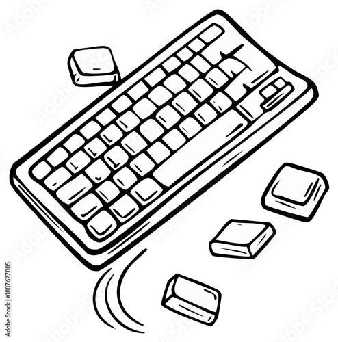 Broken Keyboard with Loose Keys Black and White Line Art Illustration