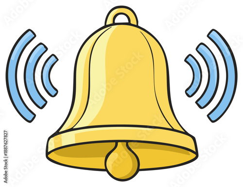 Cartoon Golden Bell Symbol with Sound Waves Illustration