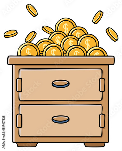 Wooden chest of drawers overflowing with golden dollar coins and falling money