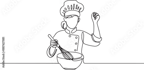 Continuous Line Drawing of Chef Mixing Bowl and Pointing