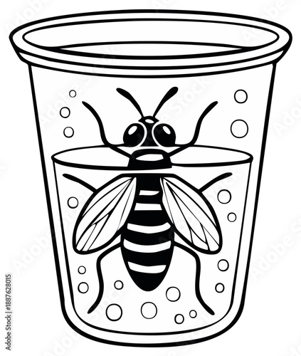 Wasp trapped in a glass of water illustration, outline drawing of insect in liquid, air bubbles around the trapped pest, black and white line art