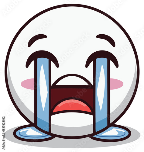 Emoji Crying Heavily: Sad Emoticon with Tears Streaming Down its Face, Cute Kawaii Style with Rosy Cheeks