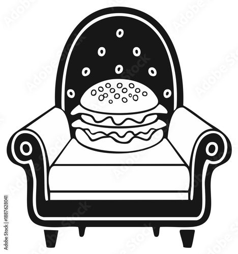 Armchair with a burger, symbol of food, comfortable rest, concept illustration