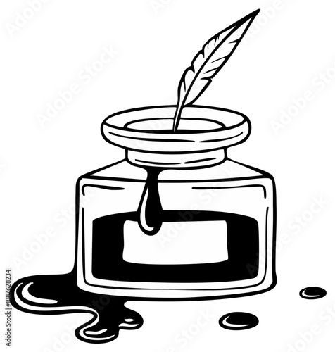 Inkwell and Feather Pen Illustration Black and White Antique Writing Tool