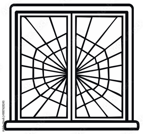 Broken window with cracked glass and shattered panes isolated