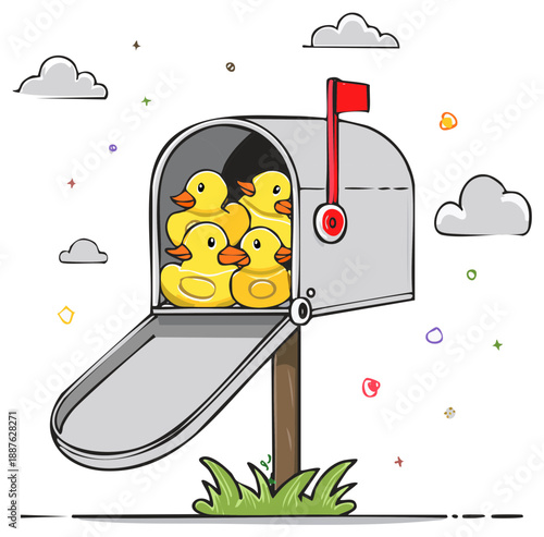 Quirky mailbox holding a group of vibrant yellow rubber ducks amidst whimsical cloud designs and a playful atmosphere