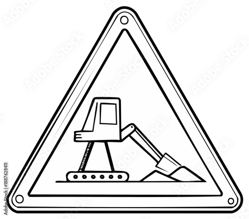 Triangle warning sign with excavator image indicating construction or digging ahead