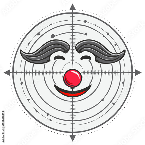 Humorous clown face design within a target reticle, comical illustration