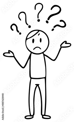 Confused stick figure shrugging with question marks above head conveying uncertainty and bewilderment