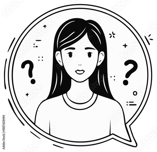 Illustration of a woman in thought bubble with question marks, black and white