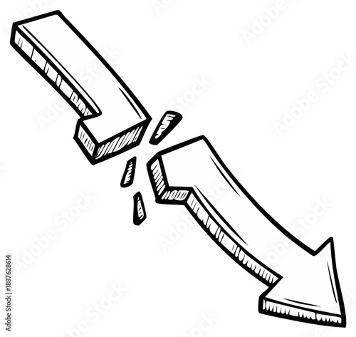 Broken arrow pointing down in black and white