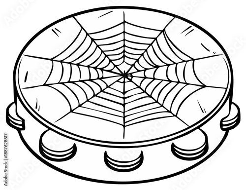 Monochrome tambourine with spiderweb design for Halloween, musical instrument, kids art and spooky themed events.