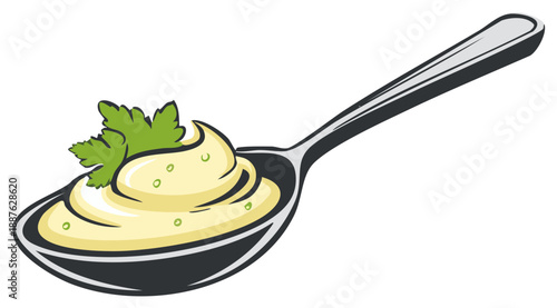 Creamy mayonnaise in a spoon with parsley garnish