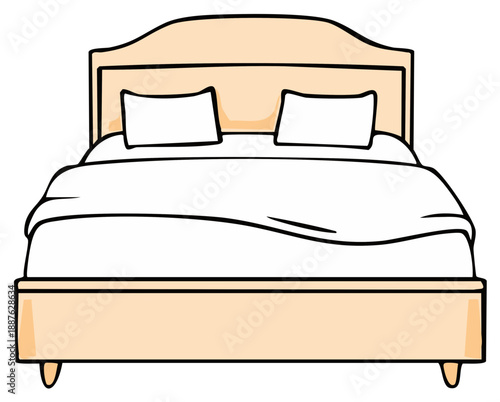 Cartoon bed illustration with cozy white bedding and light wood frame