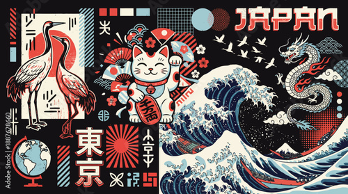 Vibrant Japan-themed collage with Maneki-neko, Great Wave, cranes, red sun and ukiyo-e motifs in bold blue, red and black