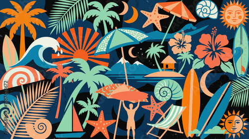 Vibrant tropical pattern with palm trees, seashells, starfish and beach umbrellas on a navy blue background for fashion, textiles and decor.