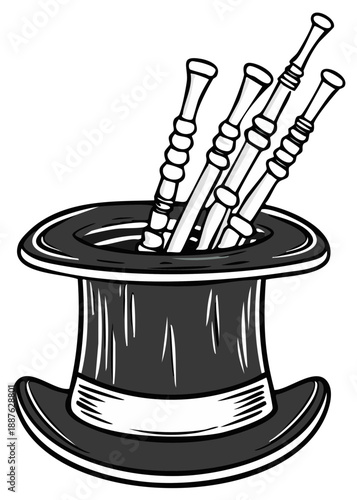 Cartoon style illustration of top hat filled with flutes, creating whimsical, musical, and artistic composition