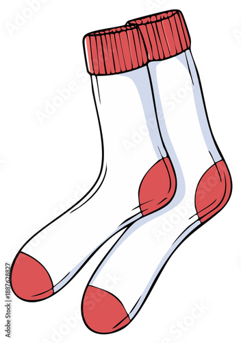 Pair of White Socks with Red Accents, Casual Clothing, Vector Illustration