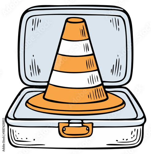Cartoon orange traffic cone packed inside an open light blue lunchbox illustration