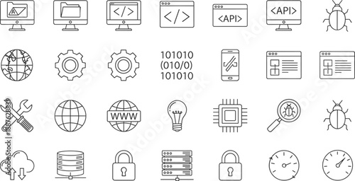 Black and White Web Development Icons Featuring Programming, Coding, API, Security, Cloud, Devices, and Software Tools