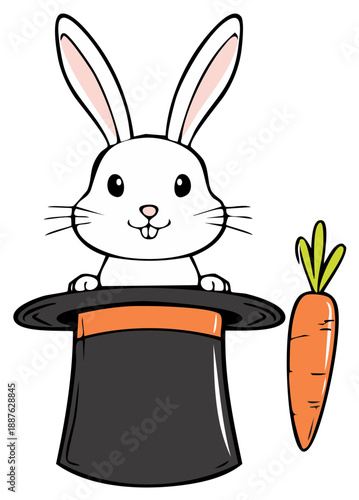 Cartoon Rabbit in Magic Hat Next to Carrot - Illustration for Easter or Children