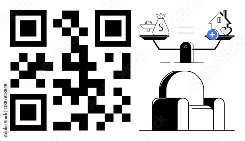 QR code ation. QR codes enhance usability and connectivity. QR codes are also linked to financial balance concepts thumbs up health, wealth, and home. Suitable for digital solutions, finance
