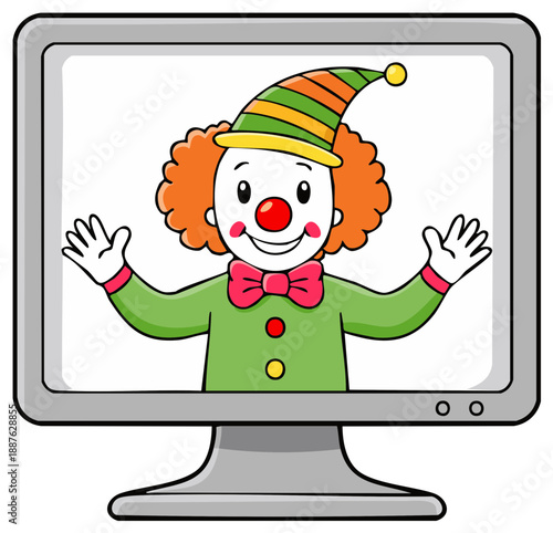 Friendly cartoon clown waving cheerfully from a retro desktop computer monitor display