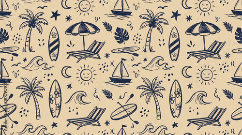 Seamless tropical beach pattern featuring palm trees, surfboards, boats, sun and island motifs on a beige background.