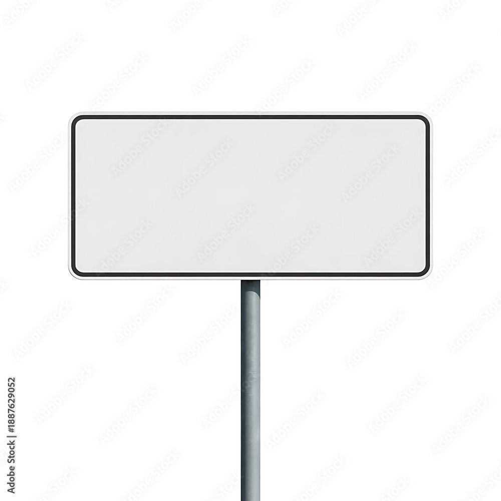 Fototapeta premium Blank Rectangular White Road Sign on a Metal Pole Isolated on White, Ready for Custom Text, Directional Arrows, or Informational Messages.